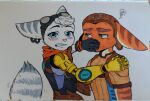 anthro blue_eyes blush duo ear_piercing ear_ring embarrassed female green_eyes hand_on_mouth hi_res insomniac_games lombax looking_at_another looking_at_viewer male mammal piercing prosthetic prosthetic_arm prosthetic_limb ratchet ratchet_and_clank rivet_(ratchet_and_clank) romantic romantic_couple sony_corporation sony_interactive_entertainment stripes video_games 