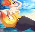  &lt;3 2021 anthro blurred_background blush braixen breasts butt digital_media_(artwork) eyebrows eyelashes female fingers genitals hi_res looking_at_viewer looking_back nintendo outside pok&eacute;mon pok&eacute;mon_(species) pussy rear_view smile solo text twistedscarlett60 url video_games 