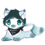  1:1 ambiguous_gender bandanna blue_body blue_fur canid canine canis domestic_dog feral fluffy fur hair hi_res kerchief mammal markings_(fur) multicolored_body simple_background smile snoiifoxxo solo sploot teal_eyes teal_sclera two_tone_body white_background white_body white_fur 