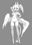  2015 blush feathered_wings feathers female horn humanoid invalid_tag mofuaki monochrome navel not_furry open_mouth smile standing winged_humanoid wings 