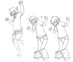  anthro assisted_exposure barefoot black_and_white blush bottomwear briefs bulge capra_kid clothing embarrassed eyes_closed feet happy jumping male monochrome pantsing shirt shocked shorts simple_background sketch solo topwear underwear white_background 
