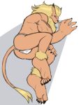  anthro asian_clothing bandai_namco barefoot black_nose blonde_hair bulge clothed clothing digimon digimon_(species) east_asian_clothing feet fundoshi fur hair japanese_clothing leomon male mane orange_body orange_fur shadow simple_background solo thegreatmatsutzu topless underwear underwear_only white_background white_clothing white_fundoshi white_underwear 