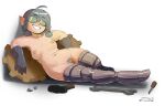  absurd_res anthro breasts clothing elf eyewear female genitals glasses gloves grey_hair hair handwear hi_res humanoid humanoid_pointy_ears not_furry prosthetic prosthetic_limb pubes pussy reclining smile solo the-minuscule-task tools wide_hips 