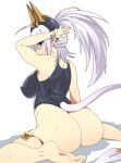  2015 blush butt cute_fangs ear_piercing ear_ring female horn humanoid humanoid_pointy_ears invalid_tag mofuaki not_furry piercing purple_eyes simple_background sitting solo white_background 