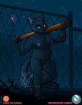  anthro areola baseball_bat bat_(object) black_body black_fur black_nose breasts claws domestic_cat felid feline felis female fence fur genitals hair highlights_(coloring) long_tail mae_borowski mammal nicnak044 night night_in_the_woods nipples nude outside pussy red_eyes red_hair slightly_chubby solo text url video_games weapon whiskers 