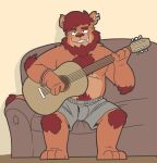  absurd_res anthro barefoot beard body_hair boxers_(clothing) chest_hair clothed clothing ear_piercing emorottie facial_hair feet fur furniture grey_boxers guitar heyitscousindave hi_res inside male musical_instrument open_mouth orange_body orange_fur piercing plucked_string_instrument red_body red_fur red_nose shadow smile sofa solo string_instrument teeth_showing topless underwear underwear_only 