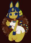  2021 animal_crossing ankha_(animal_crossing) anthro blue_hair blush blush_stickers butt claws clothing domestic_cat dress felid feline felis female frown fur hair hi_res mammal nintendo portrait rakuda0330 red_background short_hair simple_background solo striped_tail stripes thick_thighs three-quarter_portrait uraeus usekh video_games wide_hips yellow_body yellow_fur 