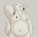  anthro arm_on_shoulder blush bodily_fluids dialogue fur grey_nipples grey_text hi_res looking_at_viewer male mammal minedoo moobs navel nipples overweight overweight_anthro overweight_male polar_bear signature smile solo sweat ursid ursine white_body white_fur 