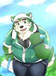  2021 anthro black_nose bodily_fluids bottomwear canid canine canis clothing domestic_dog fur green_body green_fur hi_res humanoid_hands kemono live-a-hero male mammal mokdai outside overweight overweight_male pants pute_819 shirt solo sweat topwear video_games 