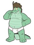  anthro briefs brown_hair bulge clothed clothing crocodile crocodilian crocodylid green_body green_scales hair heyitscousindave hi_res male muscular muscular_male navel nokucroc reptile scales scalie simple_background smile solo teeth_showing tighty_whities underwear underwear_only white_background white_briefs white_clothing white_underwear yellow_sclera 