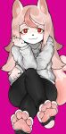  2020 4_toes absurd_res anthro brand_new_animal canid canine clothed clothing crossed_legs digital_media_(artwork) feet female foot_focus footwear fox fully_clothed fur hair hi_res hindpaw hoodie legwear looking_at_viewer mammal mentha nazuna_hiwatashi pawpads paws pink_body pink_fur pink_hair pink_pawpads red_eyes sitting smile socks soles solo stirrup_socks studio_trigger tights toes topwear 