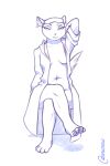  2:3 anthro brand_new_animal breasts clothing coat crossed_legs ear_piercing ear_ring feet female hand_behind_head hi_res lab_coat looking_at_viewer marie_itami noxu piercing side_boob simple_background sketch solo studio_trigger toes topwear 