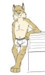  anthro barefoot bobcat boxer_briefs brown_nose clothed clothing feet felid feline fur half-closed_eyes heyitscousindave hi_res leaning_on_object lynx male mammal narrowed_eyes simple_background smile solo tan_body tan_fur teeth_showing topless underwear underwear_only white_background white_boxer_briefs white_clothing white_underwear 