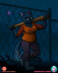  anthro baseball_bat bat_(object) black_body black_fur black_nose boots bottomwear breasts claws clothed clothing domestic_cat felid feline felis female fence footwear fur hair highlights_(coloring) long_tail mae_borowski mammal nicnak044 night night_in_the_woods outside pants red_eyes red_hair shirt slightly_chubby solo text topwear url video_games weapon whiskers 