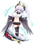  2015 4:5 blue_eyes blush cute_fangs feathered_wings feathers female horn humanoid invalid_tag looking_at_viewer mofuaki not_furry open_mouth simple_background smile solo water weapon white_background winged_humanoid wings 