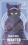  10:16 absurd_res anthro armor breasts darknetic english_text female fluffy fur hi_res long_tail lunaris_the_protogen machine mechanical_arm mechanical_limbs protogen purple_body purple_fur solo standing text visor wanted wanted_poster 