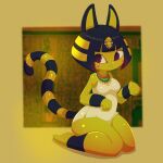  1:1 2021 animal_crossing ankha_(animal_crossing) anthro blue_hair clothing domestic_cat dress felid feline felis female frown fur hair hi_res hieroglyphics kneeling mammal nintendo raised_hand rakuda0330 short_hair simple_background sitting solo striped_tail stripes thick_thighs uraeus usekh video_games wide_hips yellow_background yellow_body yellow_fur 