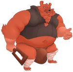  2021 absurd_res anthro belly black_nose blush bottomwear brown_body brown_fur bulge clothing fur haxsmack hi_res humanoid_hands loincloth male mammal navel overweight overweight_male simple_background solo ursid weapon 