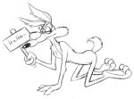 anthro canid canine canis coyote english_text half-closed_eyes holding_object holding_sign looney_tunes male mammal monochrome narrowed_eyes on_hands_and_knees sign simple_background sketch solo text thegreatmatsutzu warner_brothers white_background wile_e._coyote 