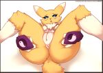  2021 absurd_res anthro anus bandai_namco black_nose blue_eyes breasts digimon digimon_(species) digital_drawing_(artwork) digital_media_(artwork) female genitals hi_res looking_at_viewer monotone_background open_mouth pussy renamon shaded simple_background solo spread_legs spreading text url voicedbarley white_background 