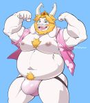  absurd_res anthro artist_name asgore_dreemurr beard biped blonde_hair blue_background blue_eyes boss_monster bovid bulge caprine chest_tuft clothed clothing crown digital_drawing_(artwork) digital_media_(artwork) facial_hair flexing fur glistening glistening_clothing glistening_hair goat hair hi_res horn jockstrap maldu male mammal monotone_body monotone_hair musclegut muscular muscular_anthro muscular_male navel nipples open_clothing open_shirt open_topwear overweight overweight_male pecs pink_clothing pink_shirt pink_topwear portrait pose pubes shaded shirt simple_background smile solo three-quarter_portrait topwear tuft undertale underwear video_games white_body white_fur 