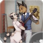  1:1 2021 5_fingers anthro beastars black_nose book bottomwear brown_body brown_fur claws clothed clothing digital_media_(artwork) dress dress_shirt duo eye_contact face_to_face female finger_claws fingers fur furgonomics gloves_(marking) guitar guitar_pick hi_res holding_book holding_guitar holding_object hyaenid icedfoxes kingshiq kitsunezaru_(beastars) lemur looking_at_another looking_at_partner looking_down looking_up male male/female mammal markings miguno_(beastars) musical_instrument necktie nose_to_nose pants playing_guitar playing_music plucked_string_instrument primate ring-tailed_lemur ringtail romantic romantic_couple school_uniform shirt signature smile spotted_hyena standing strepsirrhine string_instrument topwear uniform vest white_body white_fur 