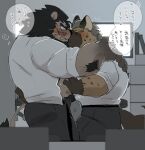  anthro belly_rub blush bodily_fluids bottomwear bulge clothed clothed_sex clothing dress_shirt duo erection erection_under_clothing felid fluffy fluffy_tail grinding hug hyaenid hyaku_(artist) japanese_text lion male male/male mammal mane mohawk muscular muscular_anthro muscular_male office open_bottomwear open_clothing open_pants open_shirt open_topwear pantherine pants rubbing sex shirt spotted_hyena sweat text topwear translation_request underwear 