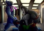  anthro ape artietheartbull bottomwear bulge clothed clothing duo exercise fur gorilla gym haplorhine male mammal monkey muscular muscular_anthro muscular_male nipples outline pecs primate shorts smile steam topless weightlifting weights workout 