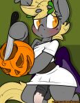  2020 absurd_res bat_pony bbsartboutique blonde_hair blush equid fan_character food fruit fur grey_body grey_fur hair hasbro hi_res jack-o&#039;-lantern knife male mammal membrane_(anatomy) membranous_wings my_little_pony night_striker orange_eyes plant pumpkin semi-anthro solo standing wings 