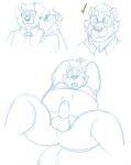  2016 anthro badger balls belly bravo canid canine canis clothing domestic_dog erection eyewear genitals glasses hi_res humanoid_genitalia humanoid_hands humanoid_penis kissing male mammal mustelid musteline necktie one_eye_closed overweight overweight_male penis shirt sketch topwear wink 