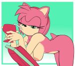  accessory amy_rose anthro bedroom_eyes bent_over breasts butt drinking eulipotyphlan female fur green_eyes hair hair_accessory hairband hanging_breasts hedgehog looking_at_viewer mammal narrowed_eyes nude pink_body pink_fur pink_hair saransaran seductive sega simple_background smile solo sonic_the_hedgehog_(series) 