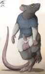  balls big_balls bottomwear buckteeth cerv_the_rat claws clothed clothing digitigrade erection genitals lizet looking_up male mammal murid murine pants_down partially_clothed penis rat rodent semi-anthro shirt shorts simple_background smile solo teeth topwear undressing whiskers white_background 