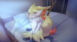  ambiguous_gender anthro bed black_body black_fur blush braixen dipstick_tail fluffy fluffy_tail fur furniture indarkwaters inner_ear_fluff inside looking_at_viewer multicolored_tail nintendo on_bed pillow pok&eacute;mon pok&eacute;mon_(species) red_body red_fur solo stick tuft video_games white_body white_fur 