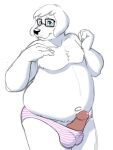  2015 anthro balls_outline belly black_nose bravo bulge canid canine canis clothing detailed_bulge domestic_dog erection eyewear fur genital_outline genitals glasses humanoid_genitalia humanoid_hands humanoid_penis male mammal moobs navel overweight overweight_male penis simple_background solo underwear white_background white_body white_fur 