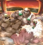  anthro ashigara bathing belly brown_body brown_fur fur goro_(live-a-hero) group hair hi_res hot_spring kimun_kamui_(tas) live-a-hero male male/male mammal musclegut nipples tokyo_afterschool_summoners towel ursid video_games water wet white_hair yazoe 