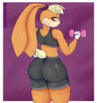  absurd_res accessory annoyed anthro bike_shorts bodily_fluids bottomwear buckteeth butt clothed clothing ears_back exercise eyebrows eyelashes female fingers fur fur_tuft glistening glistening_body gloves hair_accessory hair_tie hand_on_hip handwear hi_res lagomorph leporid lola_bunny looking_at_viewer looking_back looney_tunes mammal mouth_closed multicolored_body multicolored_fur pattern_background pivoted_ears rabbit rear_view scut_tail shorts simple_background simple_eyes solo sp_advanced standing sweat sweatdrop sweaty_legs tail_tuft teeth tuft warner_brothers workout workout_clothing 