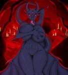  3_eyes anthro big_breasts black_body black_skin breasts candle cave demon female fire genitals hi_res horn jinn looking_at_viewer multi_eye muscular muscular_anthro nude pussy slutydox solo tongue wings yetzer_hara 