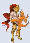  &lt;3 absurd_res anal anonymous_artist anthro armor bodily_fluids cum cum_inside dragonslayer_ornstein duo genital_fluids hand_on_chest hi_res holding_partner human human_on_anthro humanoid_genitalia interspecies kobold male male/male mammal reptile scalie shilensis size_difference 