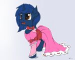  better_version_at_source blue_body blue_mane brown_eyes clothing dress equid equine fan_character female feral friendship_is_magic gown happy hasbro horn looking_up mammal mane my_little_pony neko-me pink_bow_tie pink_clothing pink_dress solo step_pose unicorn waist_ribbon 