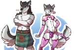  anthro awkore balls_outline bulge canid canine canis clothing collar detailed_bulge duo feminine_pose flirting genital_outline girly grumpy jonas-puppeh kilt legwear male mammal pattern_clothing penis_outline plaid plaid_clothing sporran stockings underdressed underwear wolf 