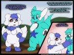  2_tails 4:3 absurd_res amy_the_mystgoose blue_body blue_eyes blue_fur blush breasts claws comic darknetic dialogue duo emmanuel_the_zangoose english_text eyeshadow female feral fluffy fluffy_tail fur hi_res hybrid makeup male male/female meowstic multi_tail multicolored_body multicolored_fur mystgoose nintendo outside pok&eacute;mon pok&eacute;mon_(species) red_sclera text turquoise_fur two_tone_body two_tone_fur video_games white_body white_fur yellow_eyes zangoose 