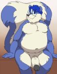  2018 anthro balls belly blue_body blue_fur blue_hair bravo eyewear fur genitals glasses hair hi_res humanoid_genitalia humanoid_hands humanoid_penis male mammal mephitid moobs navel overweight overweight_male penis sitting skunk solo white_body white_fur 
