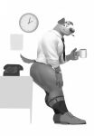  anthro big_nose bottomless canid canine canis cigarette clock clothed clothing cup desk dirtyyeen domestic_dog dress_shirt floppy_ears footwear furniture grin head_tuft hi_res looking_back male mammal monochrome muscular muscular_anthro muscular_legs muscular_male muscular_thighs necktie office partially_clothed phone shirt shoegaze. shoes sitting smile smoking socks solo thick_thighs topwear tuft watch wristwatch 