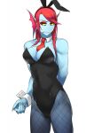  animal_humanoid blue_body bunny_costume bunny_ears_(cosmetic) clothing costume fangs female fin fish fish_humanoid fishnet fishnet_legwear hair head_fin hi_res humanoid legwear leotard marine marine_humanoid nails necktie red_hair simple_background snaggle_tooth solo torotale undertale undyne video_games white_background yellow_eyes 