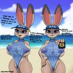  1:1 anthro areola beach big_areola big_breasts big_nipples breasts camel_toe clothed clothing disney english_text exhibitionism female fur genital_outline genitals grey_body grey_fur hi_res huge_breasts judy_hopps lagomorph leporid mammal nipple_outline nipples one-piece_swimsuit plump_labia police_uniform purple_eyes pussy pussy_outline rabbit seaside skimpy solo spicypepper swimwear text thick_thighs translucent translucent_clothing uniform wide_hips zootopia 