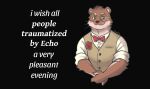  2021 anthro black_background bow_tie brown_body brown_fur brown_hair cheek_tuft clifford_tibbits clothed clothing digital_media_(artwork) echo_(series) echo_project elbow_tufts english_text eyewear facial_tuft flower formal front_view fruitz fully_clothed fur glasses hair i_wish_all_a_very_pleasant_evening looking_at_viewer male mammal meme multicolored_body multicolored_fur mustela mustelid musteline narrowed_eyes plant rose_(flower) signature simple_background smile solo stoat tan_body tan_clothing tan_fur tan_topwear text the_smoke_room topwear true_musteline tuft two_tone_body two_tone_fur vest video_games visual_novel whiskers white_clothing white_topwear 