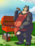  2018 anthro apron balls black_body black_fur black_nose bravo clothing cooking food fur genitals hi_res humanoid_genitalia humanoid_hands humanoid_penis male mammal outside overweight overweight_male penis solo ursid 