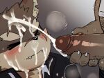  anthro blush bodily_fluids canid canine canis cum cum_on_face domestic_dog duo erection genital_fluids genitals hairy hi_res male male/male mammal moritaka penis scar ssu_open tokyo_afterschool_summoners video_games 