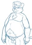  2019 anthro balls belly blue_and_white bravo canid canine canis domestic_dog eyewear facial_hair genitals glasses male mammal mature_male monochrome moobs mustache navel overweight overweight_male penis solo 
