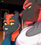  2021 allan_(zourik) anthro blurred_background clothed clothing duo dylan_(zourik) facial_hair fur girl_staring_at_man&#039;s_chest green_eyes hair hi_res incineroar looking_at_another looking_at_muscles male meme muscular muscular_anthro muscular_male nintendo pecs pok&eacute;mon pok&eacute;mon_(species) shirt stare tank_top topwear torracat video_games zourik 